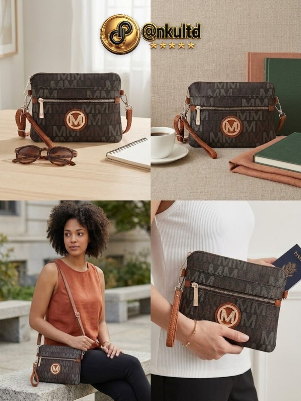 MKF Collection Heidi Monogram Crossbody Bag Wristlet Wallet Brown Vegan Leather - Picture 10 of 13